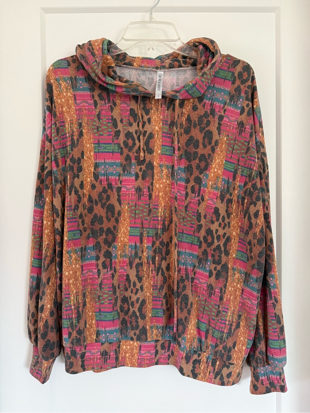 Women's Multicolor Leopard & Stripe Hooded Sweatshirt - Brown/Pink/Green